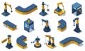 Isometric industry technologies robot arms and factory machines. Industrial automated robots, production conveyor lines