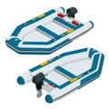 Isometric inflatable boat. A modern inflatable boat with rigid wooden floorboards, a transom and an inflatable keel
