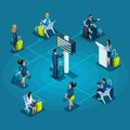 Isometric infographic Airport service concept, passengers with luggage, passengers in waiting room, waiting on the plane vector