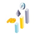 Isometric infographic chart histogram bar set element 3D vector illustration. America Dollar, Bitcoin, Ethereum Cryptocurrency inf