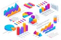 Isometric infographic. 3D graph chart. Data circle or line visualization. Graphic number analysis. Steps on business