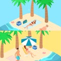 Isometric infographic landscape with sea and people on the beach. Royalty Free Stock Photo