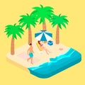 Isometric infographic landscape with sea and people on the beach. Isometric flat 3D landscape. Royalty Free Stock Photo