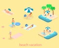 Isometric infographic landscape with sea and people on the beach. Isometric flat 3D landscape. Royalty Free Stock Photo