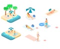 Isometric infographic landscape with sea and people on the beach. Isometric flat 3D landscape. Royalty Free Stock Photo