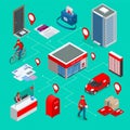 Isometric infographics concept Post Office Postman, envelope, mailbox and other attributes of postal service, point of Royalty Free Stock Photo