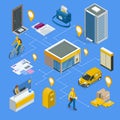 Isometric infographics concept Post Office Postman, envelope, mailbox and other attributes of postal service, point of