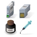Isometric ink cartridges refill icons set