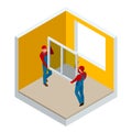 Isometric installation of windows in the house or apartment concept. Two workers in blue work clothes set a new window