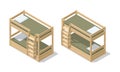 Isometric interior of children room or hostel room with bunk bed. The bunk bed with bedding isolated on the white