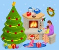 Isometric interior Christmas. Glowing Christmas tree, fireplace and gifts. Happy family by fireplace on Christmas Eve. Royalty Free Stock Photo