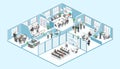 Isometric interior departments concept vector. conference hall, offices, workplaces Royalty Free Stock Photo