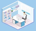 Isometric interior of director`s office. Flat 3D illustration cabinet.