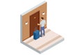 Isometric Interior of a hotel corridor, a man checks into a hotel room. A tourist with a suitcase enters a hotel room