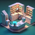 isometric interior of the library, 3d render, computer and book