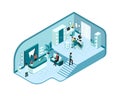 Isometric interior of modern dentist s clinic with doctors and patients.