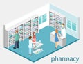 Isometric interior of pharmacy. Flat 3D infographic illustration