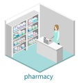 Isometric interior of pharmacy. Flat 3D infographic illustration