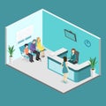 Isometric interior of reception. Flat 3D real illustration of waiting room