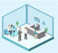 Isometric interior of reception. Flat 3D illustration of waiting room