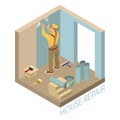 Isometric interior repairs concept. Builder pastes the wall