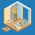 Isometric interior repairs concept. Builder pastes the wall