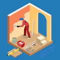 Isometric interior repairs concept. Builder is plastering. Royalty Free Stock Photo