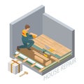 Isometric interior repairs concept. Repairer is laying parquet Royalty Free Stock Photo