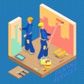 Isometric interior repairs concept. Two decorators are painting Royalty Free Stock Photo