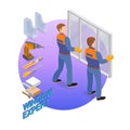 Isometric interior repairs concept. The workers install window. Royalty Free Stock Photo