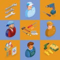 Isometric interior repairs icons set. Workers, tools.