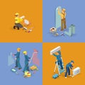 Isometric interior repairs icons set. Workers, tools.