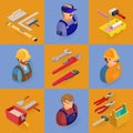 Isometric interior repairs icons set. Workers, tools. Royalty Free Stock Photo