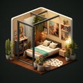 Isometric interior, room of a house, cutaway icon. light bedroom. Home furniture.