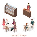 Isometric interior of sweet-shop. People sit at the table and eating.