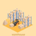 Isometric interior of warehouse. The boxes are on the shelves