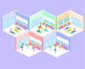 Isometric interior of yoga class. people do yoga. Royalty Free Stock Photo