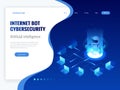 Isometric Internet bot and cybersecurity, artificial intelligence concept. ChatBot free robot virtual assistance of