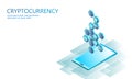 Isometric internet cryptocurrency coin business concept. Blue glowing isometric Bitcoin Ethereum Ripple coin finance