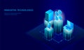 Isometric internet cryptocurrency coin business concept. Blue glowing isometric Bitcoin Ethereum Ripple GCC coin finance