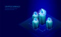 Isometric internet cryptocurrency coin business concept. Blue glowing isometric Bitcoin Ethereum Ripple GCC coin finance