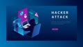 Isometric Internet Hacker Attack and Credit Card Hacking Concept. The Hacker at the Computer. Computer Security