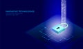 Isometric internet security lock business concept. Blue glowing isometric personal information data connection pc