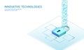 Isometric internet security lock business concept. Blue glowing isometric personal information data connection pc