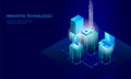 Isometric internet security lock business concept. Blue glowing isometric personal information data connection pc