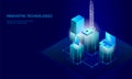 Isometric internet security lock business concept. Blue glowing isometric personal information data connection pc