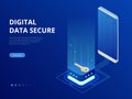 Isometric internet security lock transferring data from a smartphone to database concept. Hacking smartphone user