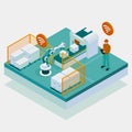 Isometric iot smart industry 4.0 with development production packaging and delivery steps. Automation robotic arm