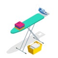 Isometric iron, ironing board and laundry basketf flat style vector illustration on white background. Royalty Free Stock Photo
