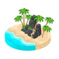 Isometric island with beautiful scenery, sea, beach, sand, palm trees, the girl on vacation sits on stone rocks, makes selfies